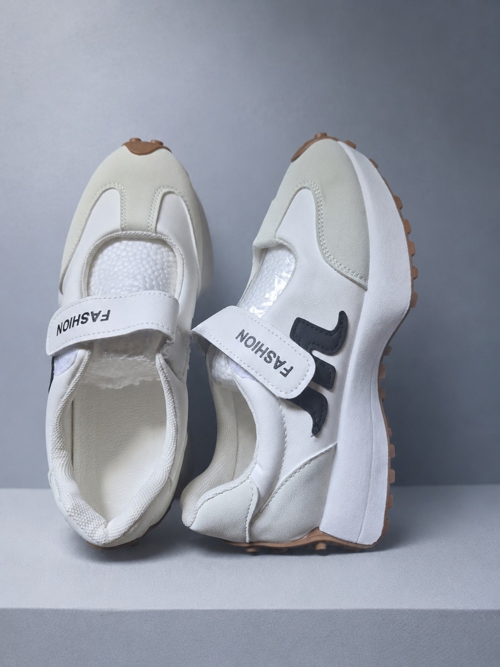 Women’s White Strap Sneakers with Black Accent